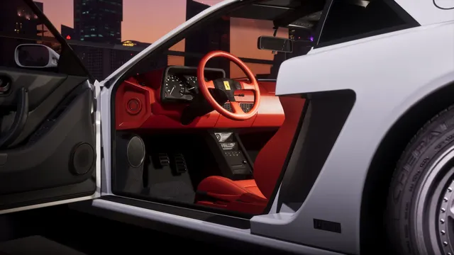 Door open on a full red leather cabin: two large round dials, a period cassette head unit in the centre stack, drilled alloy pedals, and Grotti's horse on the steering wheel boss. The Vice City skyline sits behind it at dusk. Worth noting only because it shows how far the interior modelling goes on a bonus vehicle.