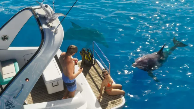 Two people on the teak swim platform with a cool box, a gull on the arch and two dolphins alongside. A full scuba harness and tank sits on the deck. That is a prop in official artwork rather than a confirmed mechanic, but diving existed in GTA 5 and Rockstar chose to put the gear in shot.