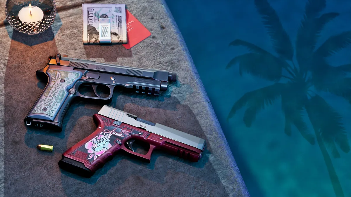Jason's Girardi ES9, engraved "J. DUVAL" and "SUA SPONTE", the US Army Rangers motto, beside Lucia's Klose K17, marked "KL17G1" with her name on the grip. Ultimate Edition variants.
