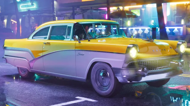 Not the modern police-sedan Stanier: this is a mid-1950s two-tone, with "Stanier" scripted on the wing and "VAPID" across the bonnet. Its real-world basis is the original 1955-era Ford Crown Victoria rather than the Crown Vic saloon the modern Stanier copies. Part of the Vintage Vice City Pack, the pre-order bonus both editions receive.