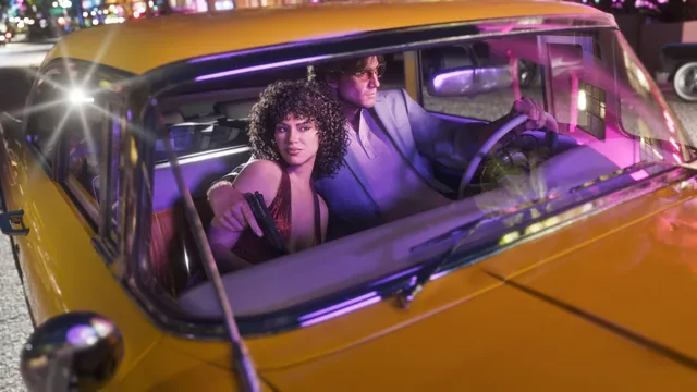 Jason and Lucia in the Vintage Vice City Pack's 1980s looks, in the pack's own car, at night under neon. He is in a pale suit and tinted aviators at the wheel of a front bench seat, she is in a red sequinned dress with a pistol resting on the door. One image showing everything the pre-order bonus actually contains.